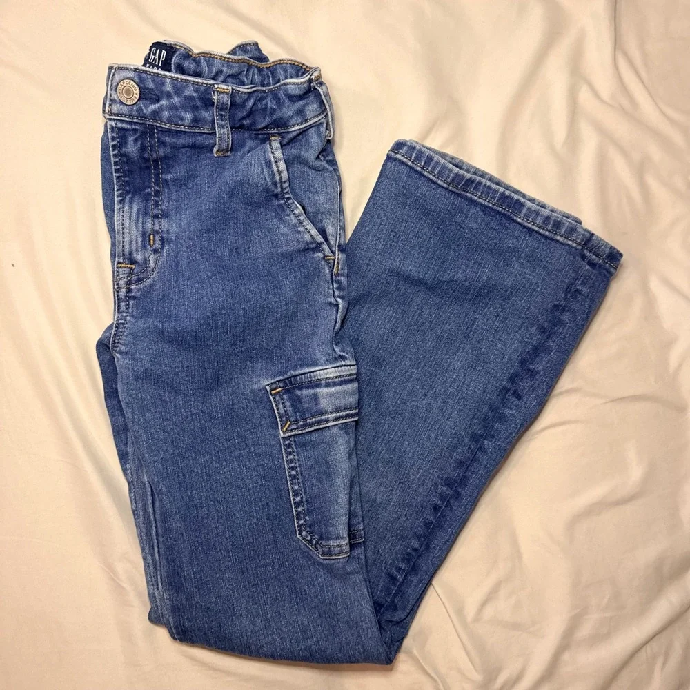 Gap‎ Kids 70s Flare High Rise Cargo Jeans Medium Wash Blue Denim Size 10
